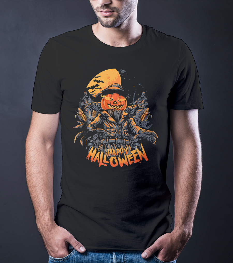 Happy Halloween Scarecrow Pumpkin Moonlit Scene T-Shirt
