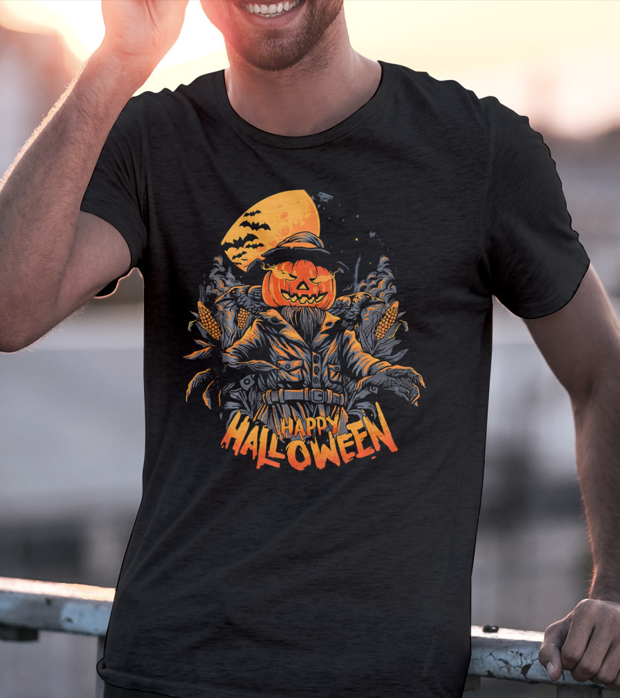 Happy Halloween Scarecrow Pumpkin Moonlit Scene T-Shirt