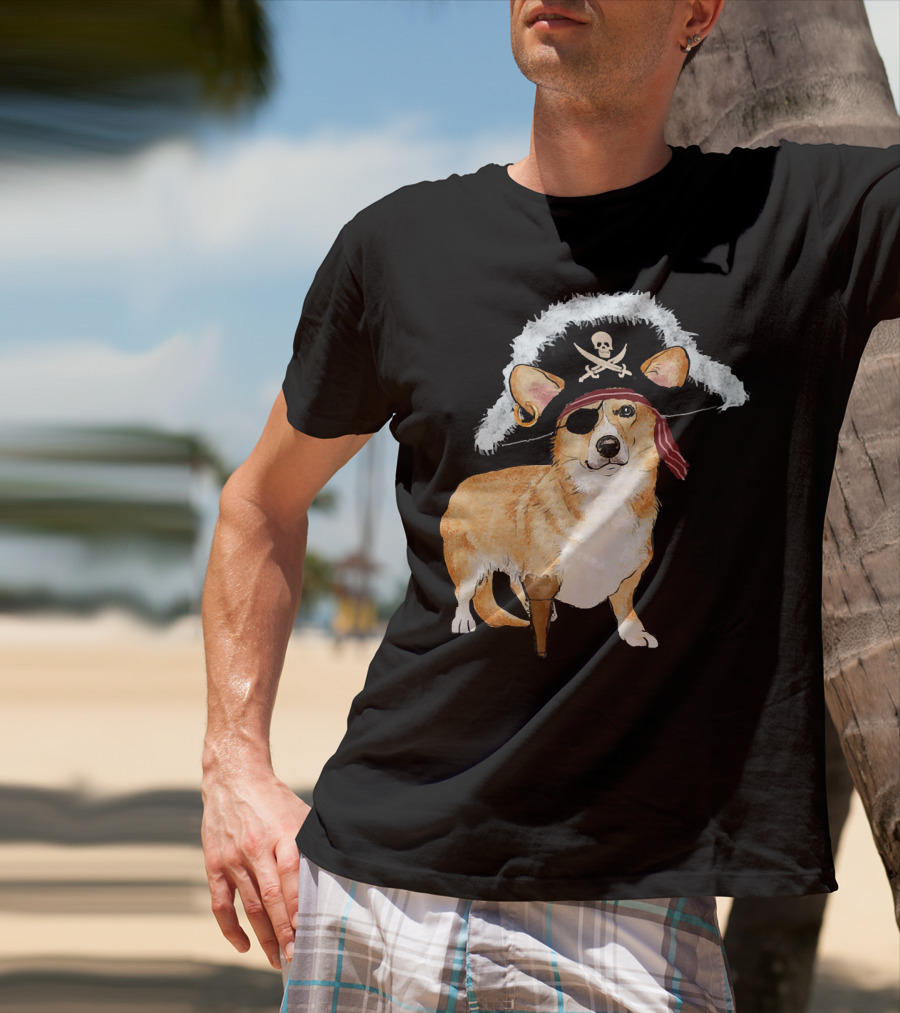 Funny Pirate Corgi Halloween Dog Lovers Skull Eyepatch Hat T-Shirt