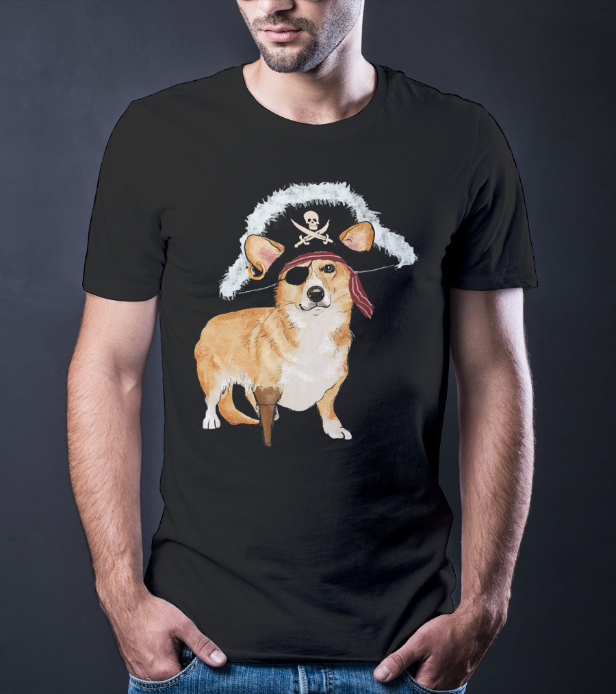 Funny Pirate Corgi Halloween Dog Lovers Skull Eyepatch Hat T-Shirt