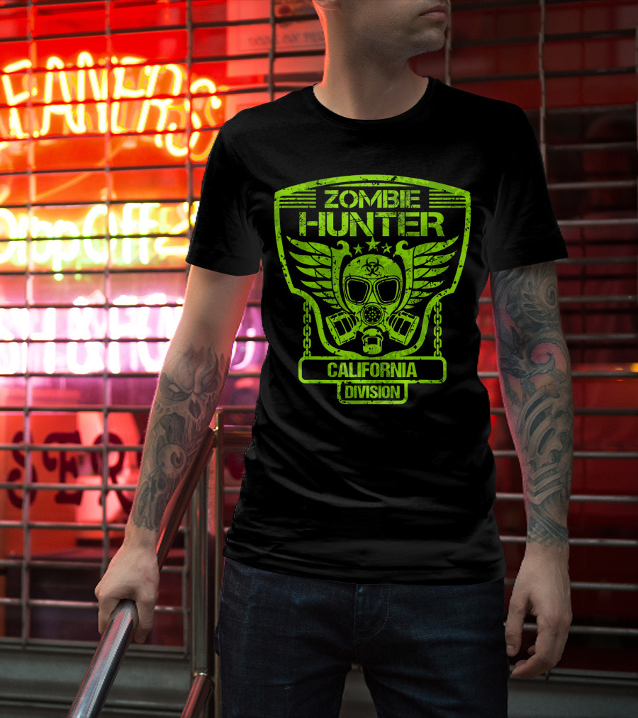 Zombie Hunter California Division Gas Mask Wings Emblem T-Shirt