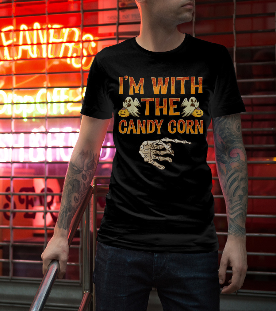 I'm With The Candy Corn Halloween Skeleton Hand Ghosts Pumpkins T-Shirt
