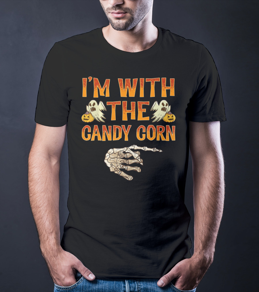I'm With The Candy Corn Halloween Skeleton Hand Ghosts Pumpkins T-Shirt