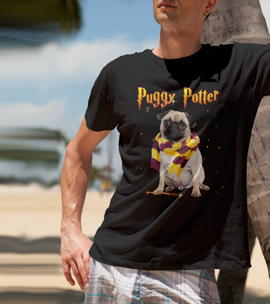 Puggy Potter Magic Wizard Pug With Scarf And Wand T-Shirt