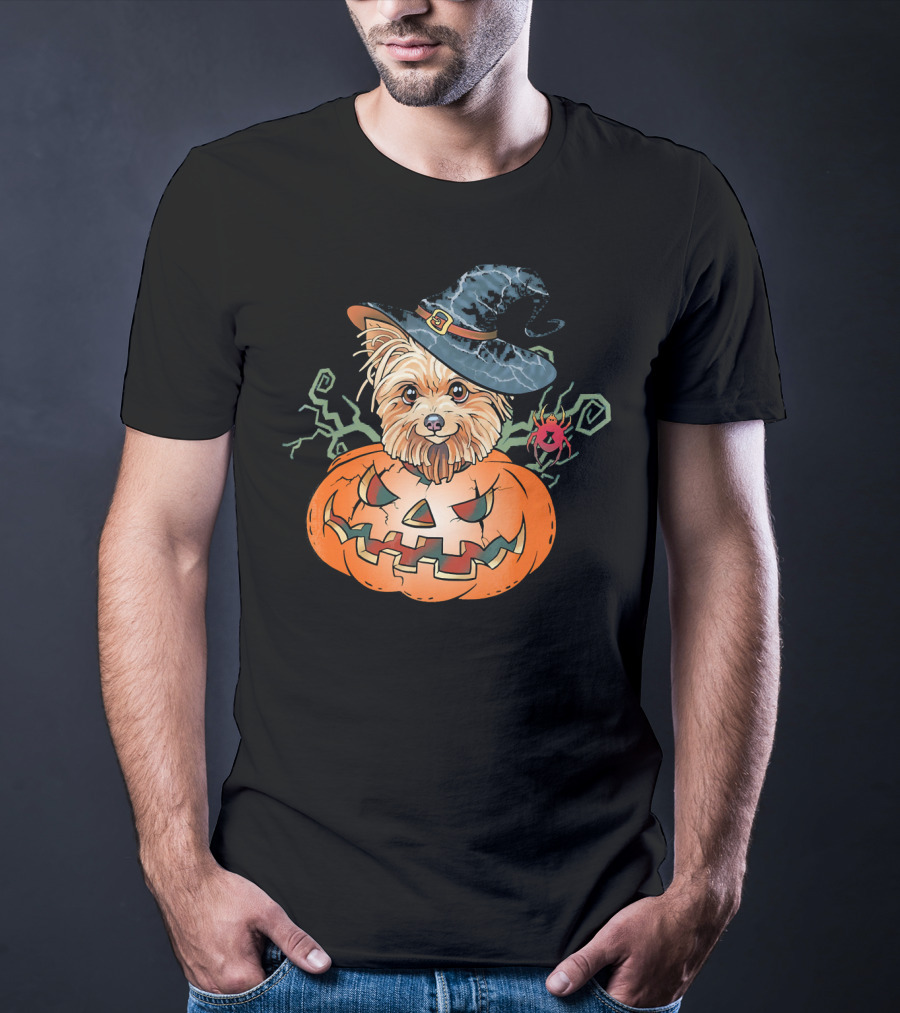 Yorkshire Terrier Witch Hat Pumpkin Halloween T-Shirt