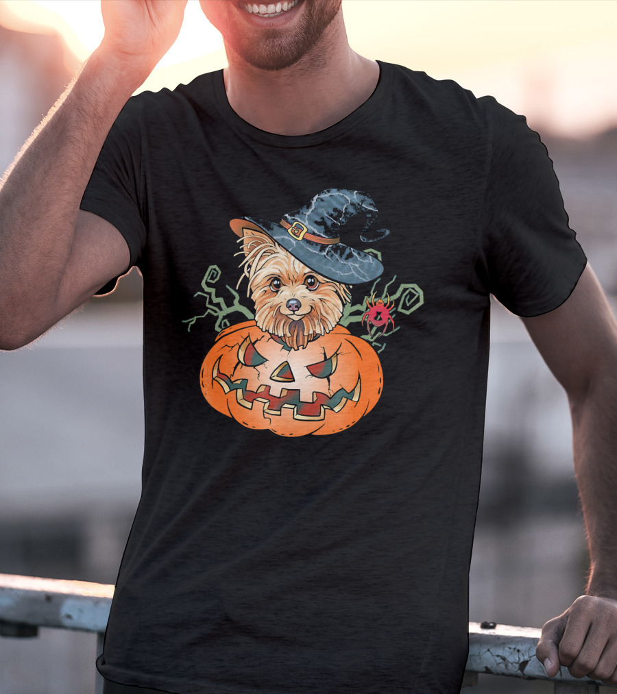 Yorkshire Terrier Witch Hat Pumpkin Halloween T-Shirt