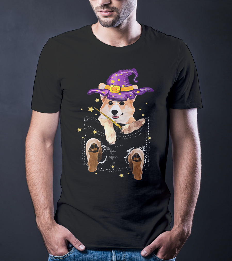 Corgi Witch Hat Starry Pocket Magic Wand Corgi T-Shirt