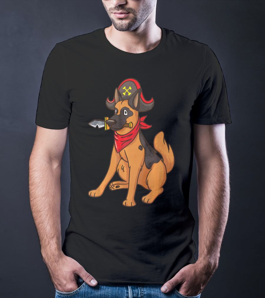 Pirate German Shepherd With Red Bandana And Hat For Halloween T-Shirt