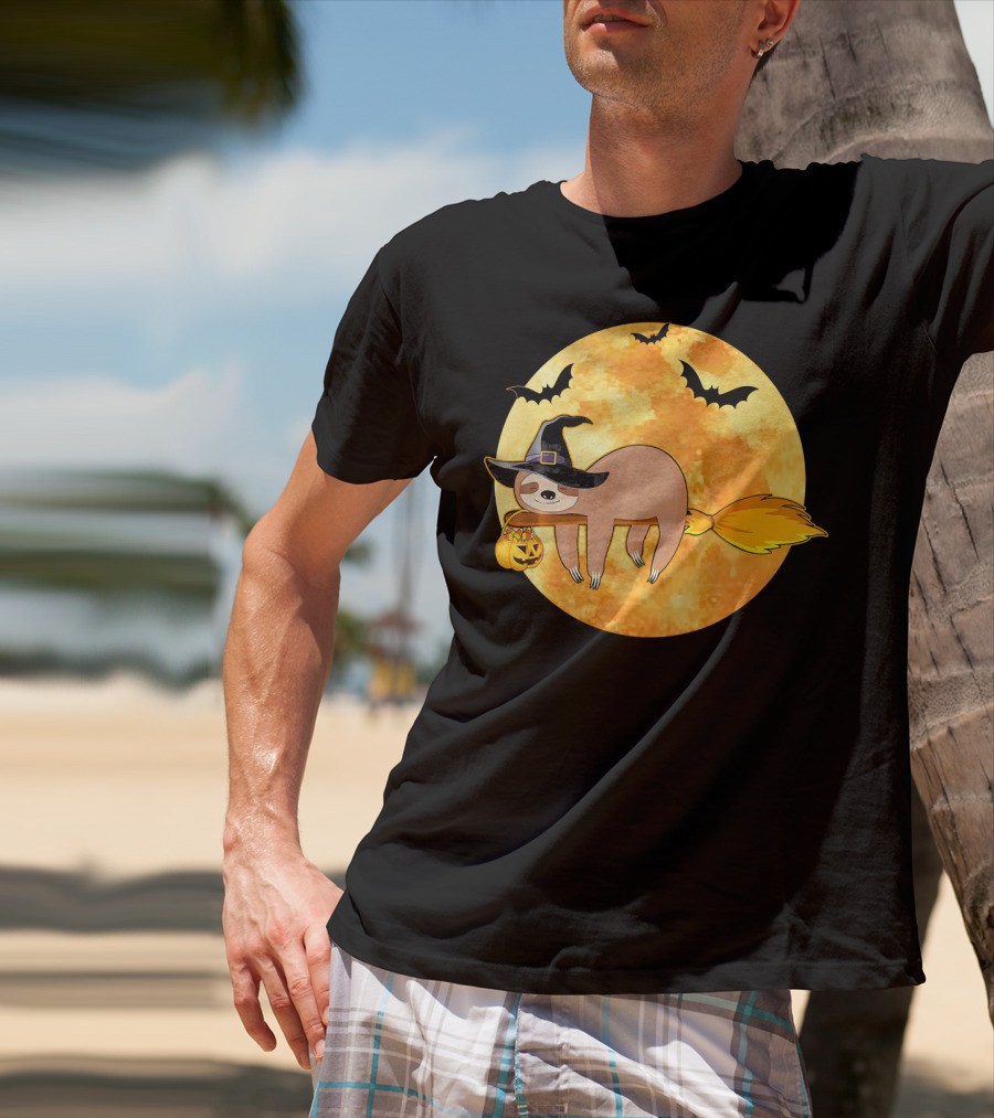 Lazy Sloth Riding Witches Broom With Pumpkin And Full Moon Background T-Shirt