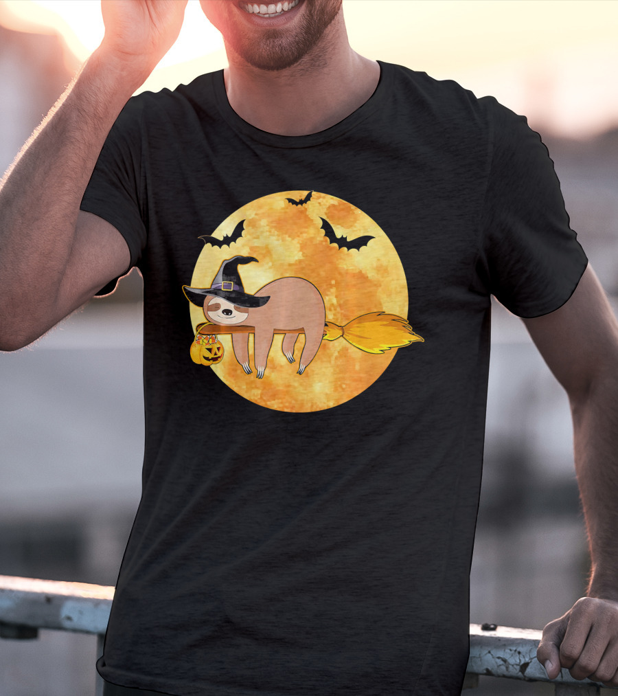 Lazy Sloth Riding Witches Broom With Pumpkin And Full Moon Background T-Shirt