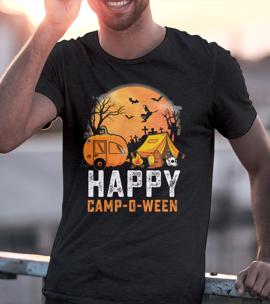 Funny Happy Camp O Ween Camping Halloween Scene With Pumpkin Caravan And Tent T-Shirt