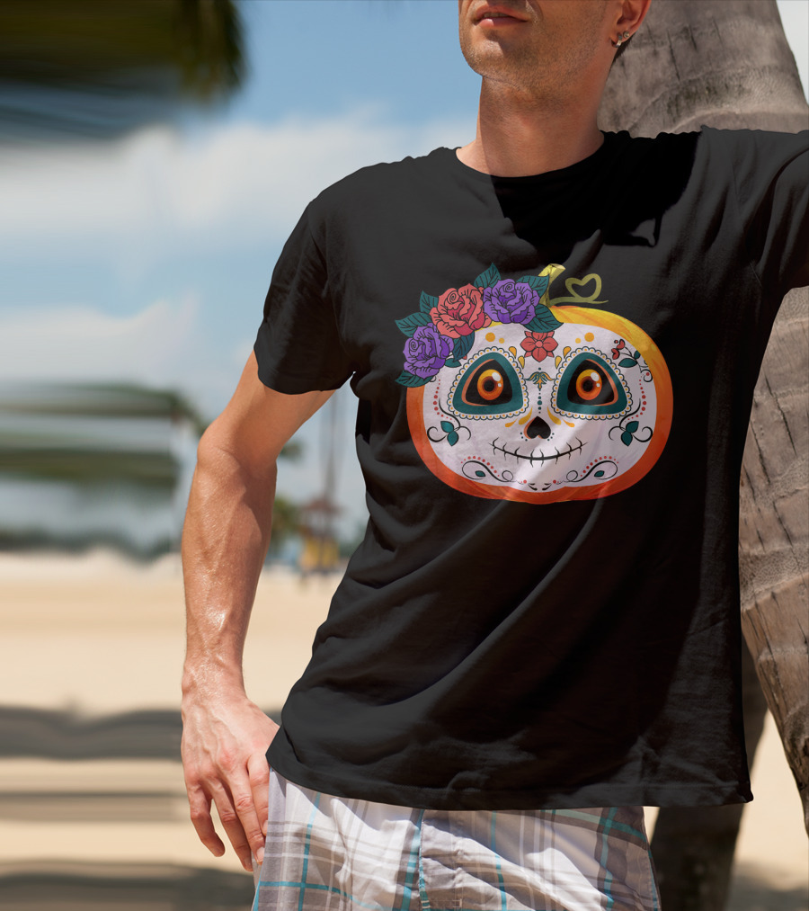 Pumpkin Floral Sugar Skull Jack O Lantern With Flowers T-Shirt