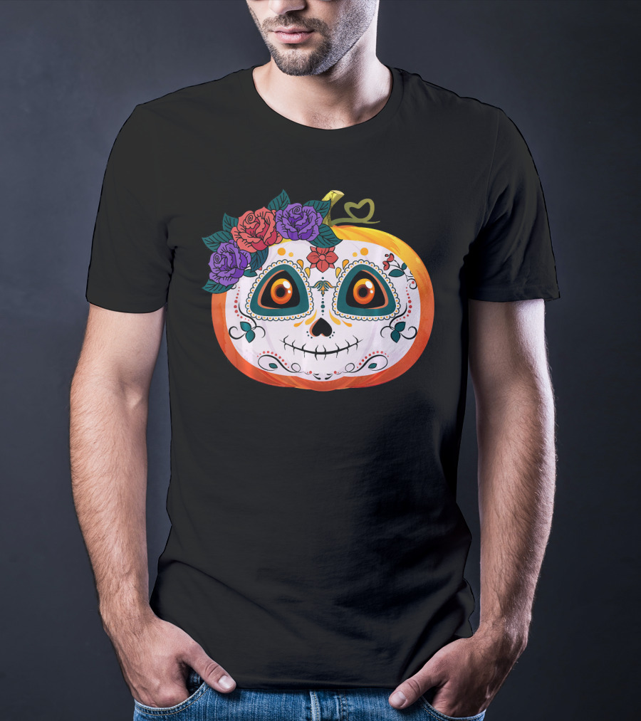 Pumpkin Floral Sugar Skull Jack O Lantern With Flowers T-Shirt