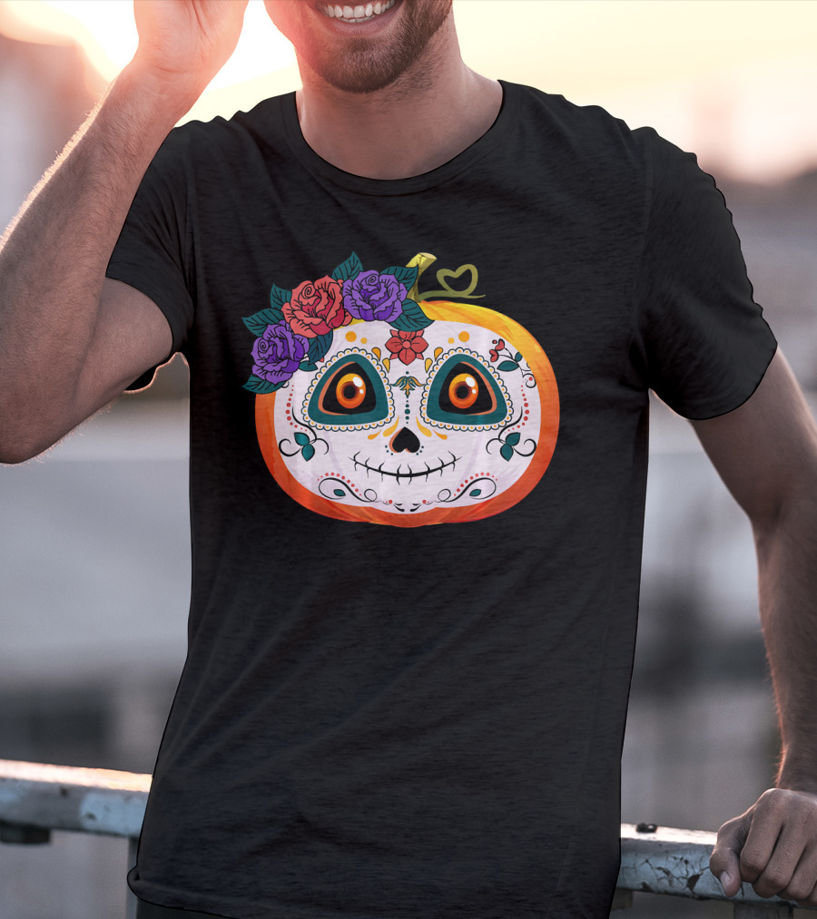 Pumpkin Floral Sugar Skull Jack O Lantern With Flowers T-Shirt