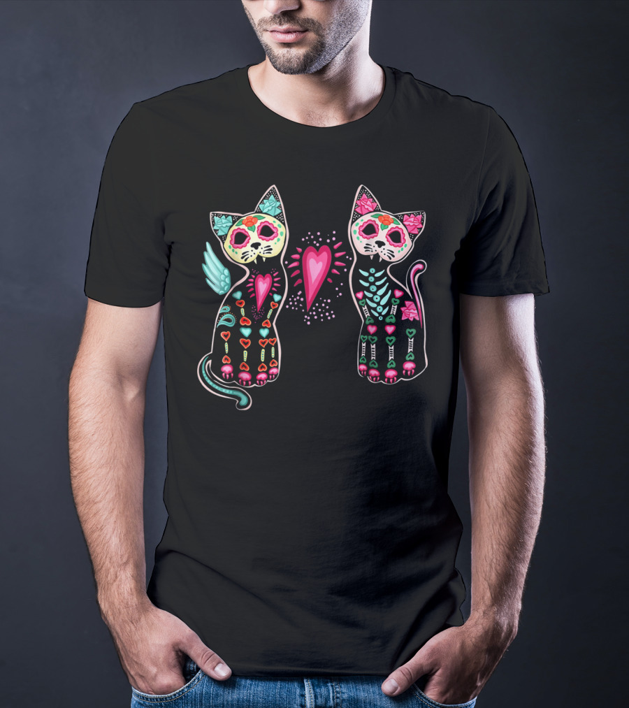 Day Of Dead Sugar Cats Skeleton Skull Winged Heart T-Shirt