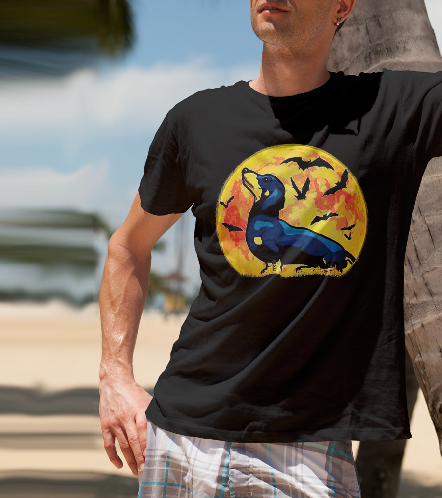 Dachshund Halloween Moon With Flying Bats T-Shirt