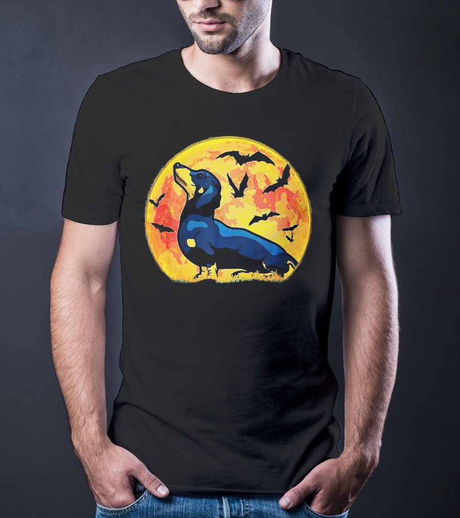 Dachshund Halloween Moon With Flying Bats T-Shirt