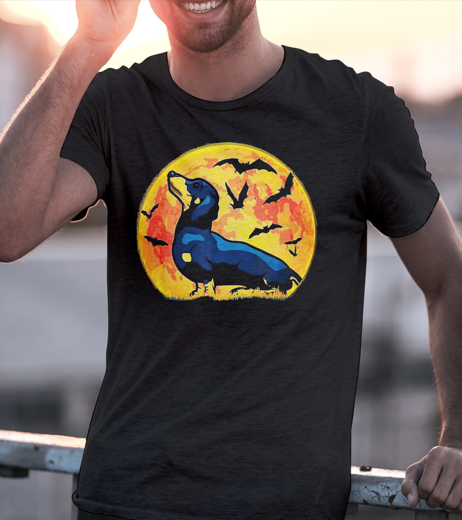 Dachshund Halloween Moon With Flying Bats T-Shirt