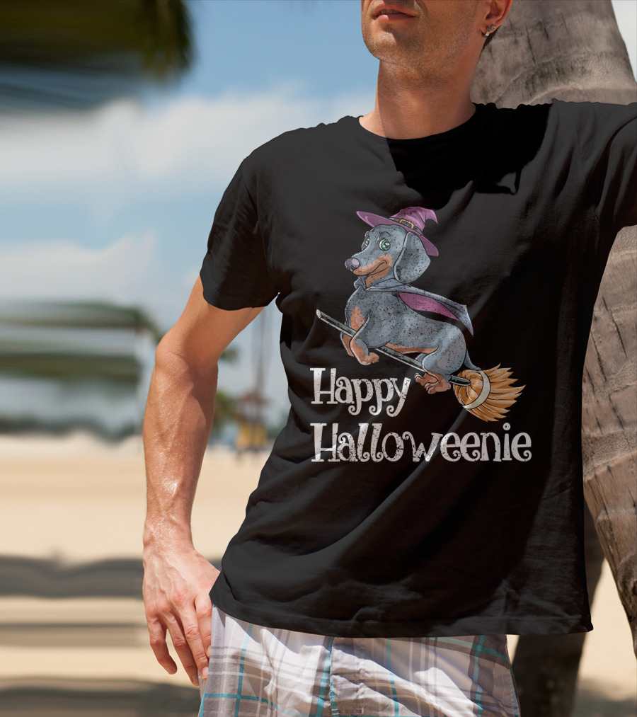 Happy Halloweenie Dachshund Witch Riding Broomstick T-Shirt