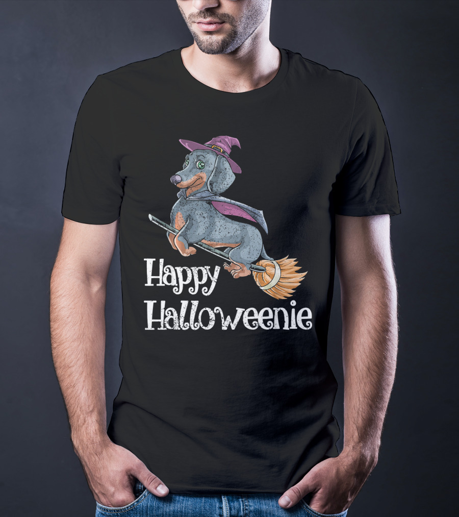 Happy Halloweenie Dachshund Witch Riding Broomstick T-Shirt