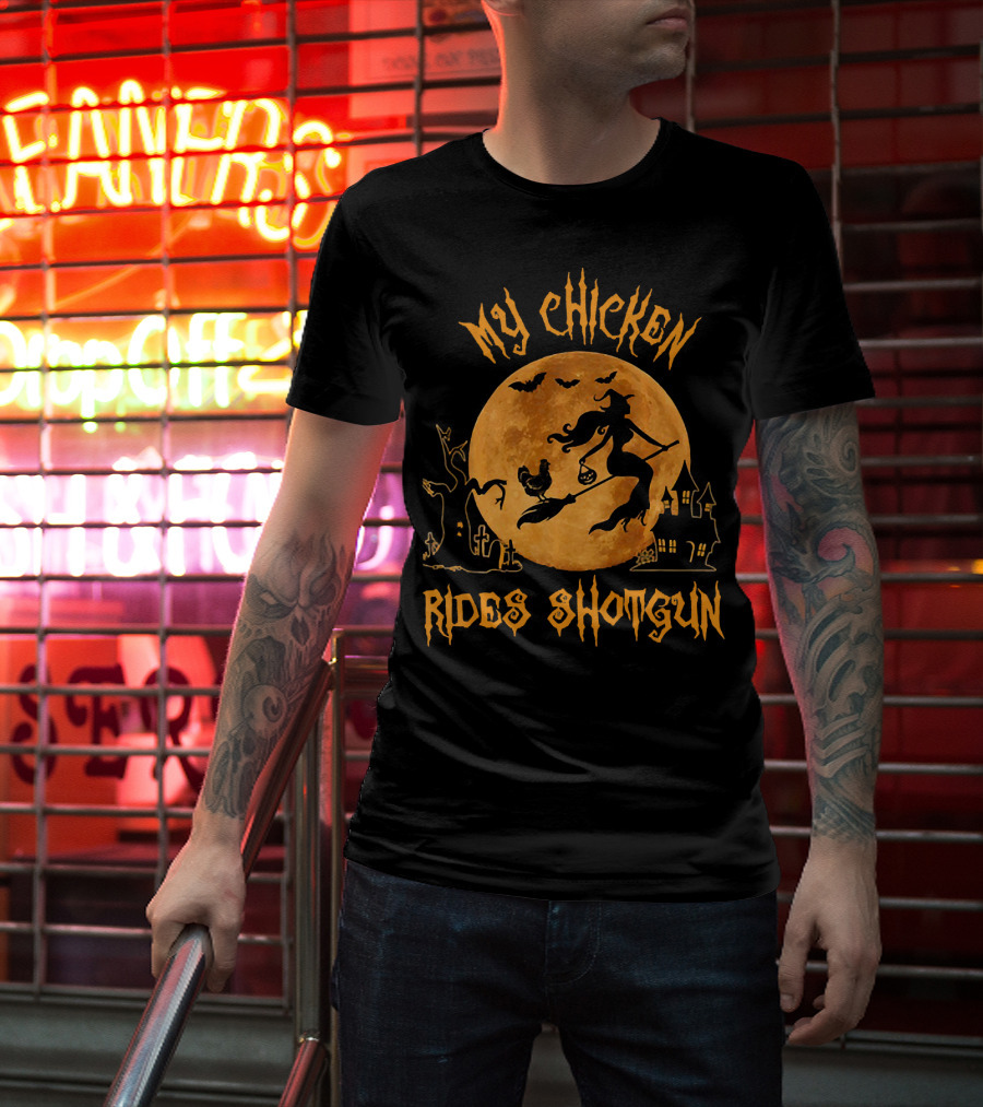 My Chicken Rides Shotgun Halloween Moon Witch Chicken Bats T-Shirt