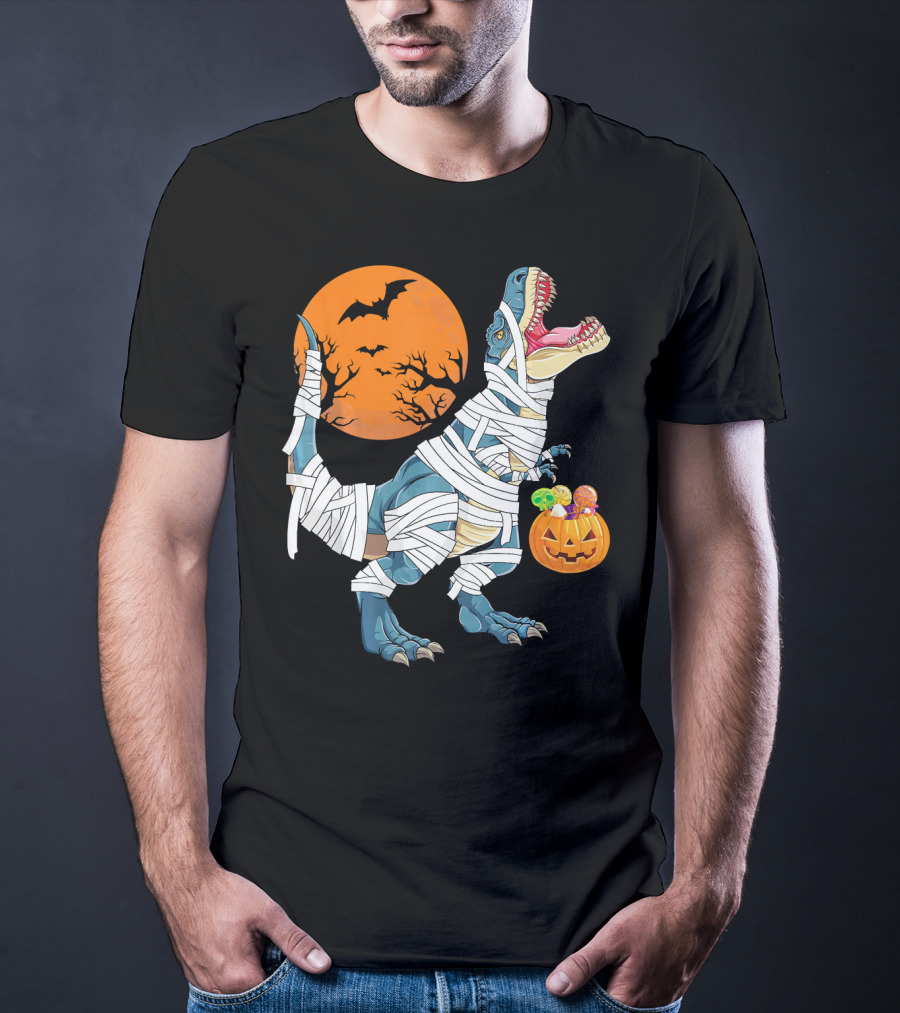 Halloween Dino Girls Kids Mummy Dinosaur Bats Pumpkin Moon T-Shirt