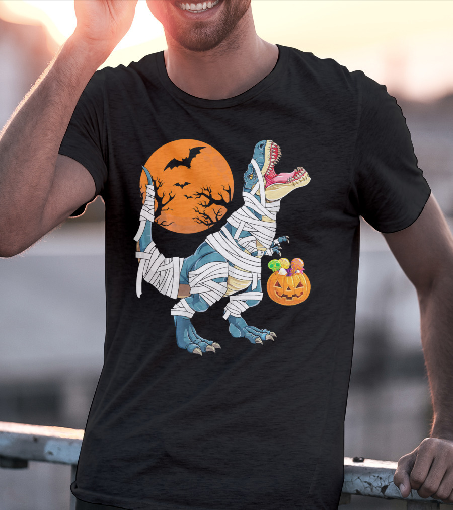 Halloween Dino Girls Kids Mummy Dinosaur Bats Pumpkin Moon T-Shirt