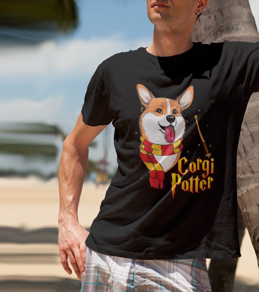 Corgi Potter Cute Harry Pawter Dog With Scarf And Wand T-Shirt
