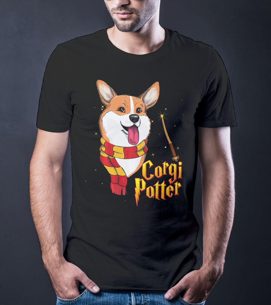 Corgi Potter Cute Harry Pawter Dog With Scarf And Wand T-Shirt