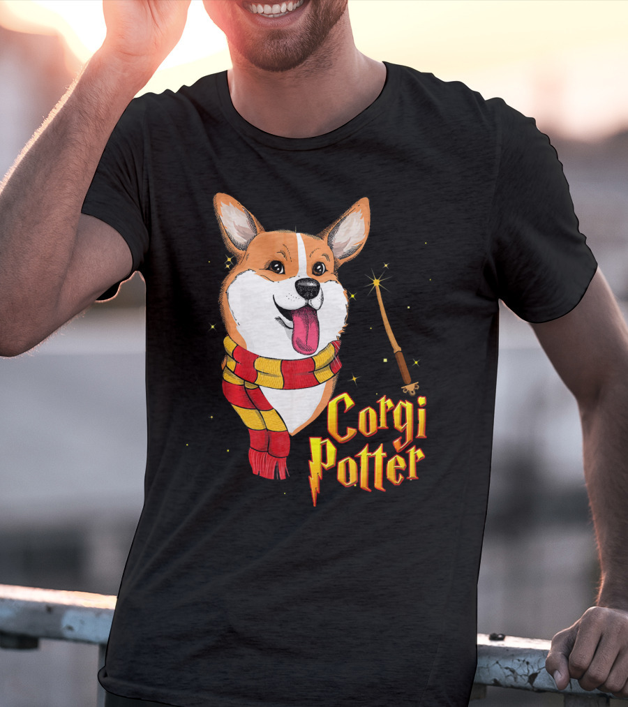 Corgi Potter Cute Harry Pawter Dog With Scarf And Wand T-Shirt