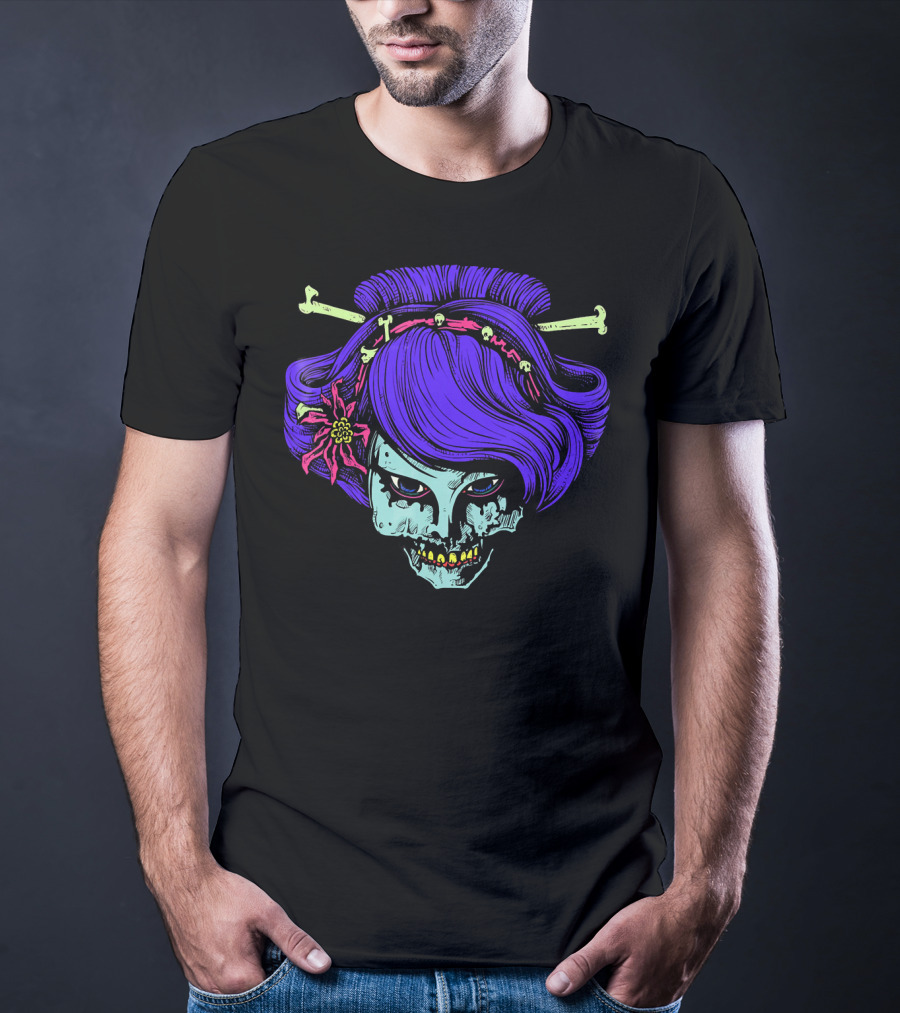 Zombie Geisha Skull With Purple Hair And Bone Hairpins T-Shirt