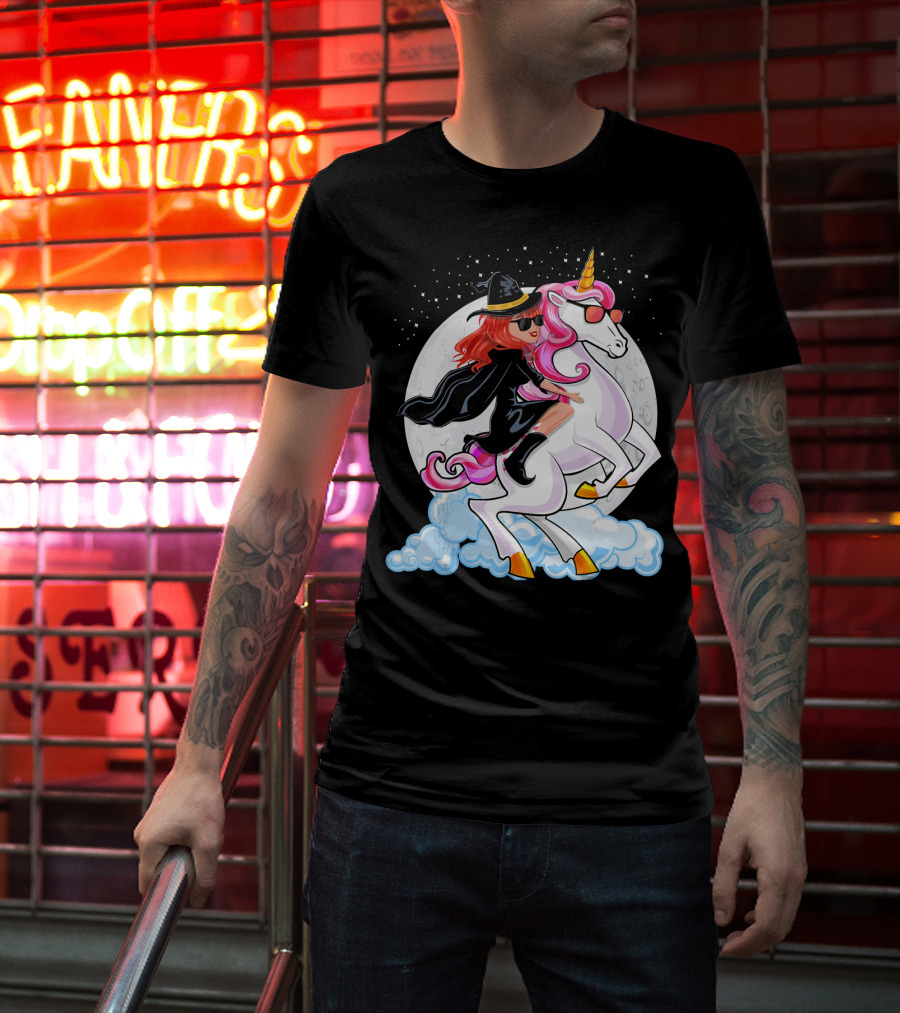 Halloween Witch Riding A Unicorn In Front Of Full Moon T-Shirt