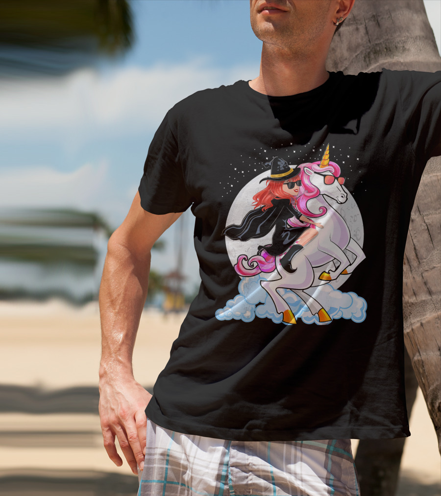 Halloween Witch Riding A Unicorn In Front Of Full Moon T-Shirt