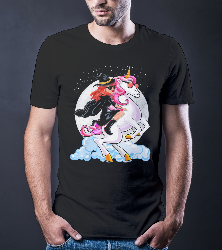 Halloween Witch Riding A Unicorn In Front Of Full Moon T-Shirt