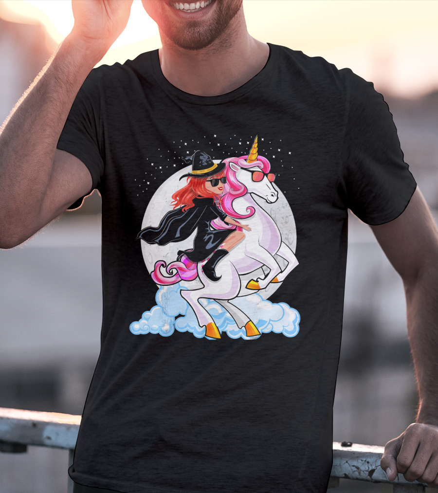 Halloween Witch Riding A Unicorn In Front Of Full Moon T-Shirt