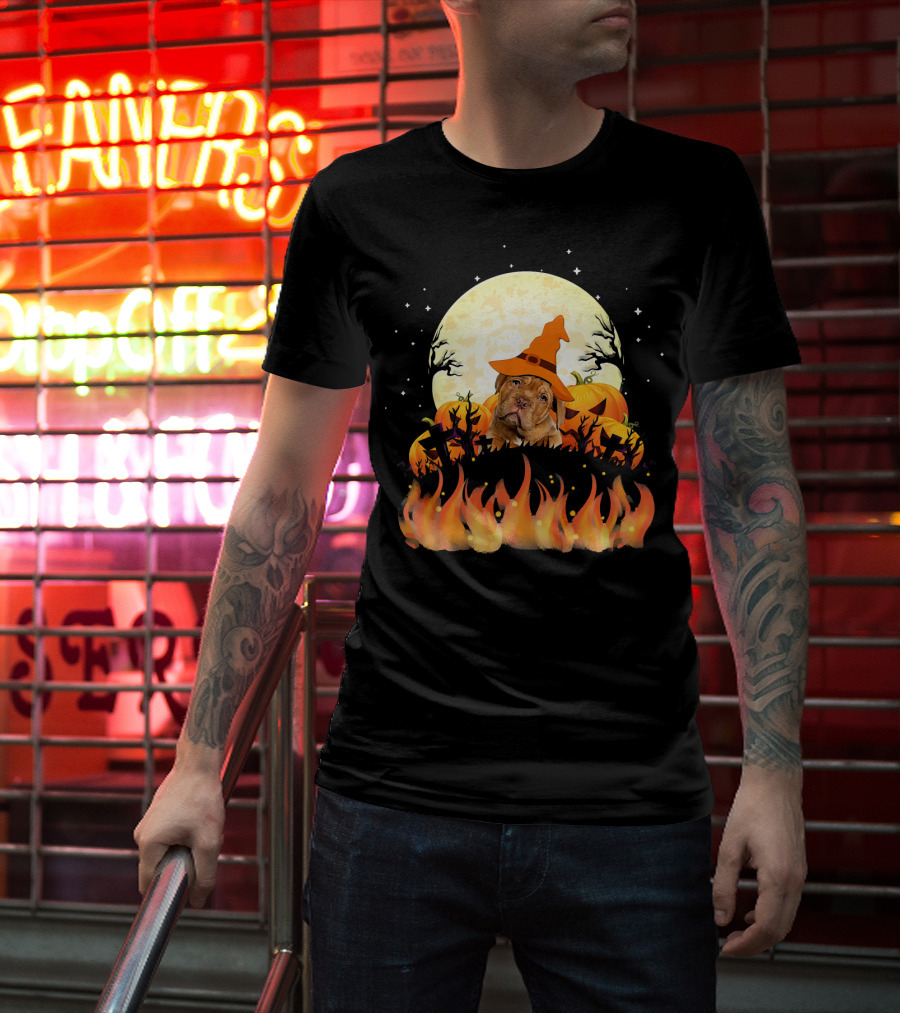 Dogue De Bordeaux Dog Lovers Halloween Full Moon Witch Hat Pumpkin Fire Scene T-Shirt