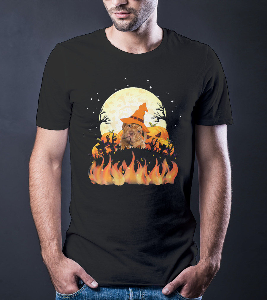 Dogue De Bordeaux Dog Lovers Halloween Full Moon Witch Hat Pumpkin Fire Scene T-Shirt