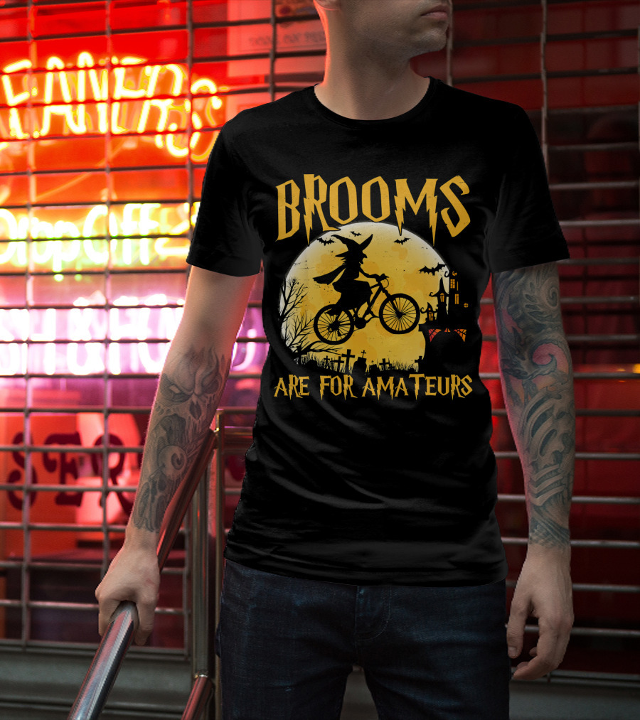 Brooms Are For Amateurs Witch Flying Bike Silhouette Halloween Moon Graveyard T-Shirt