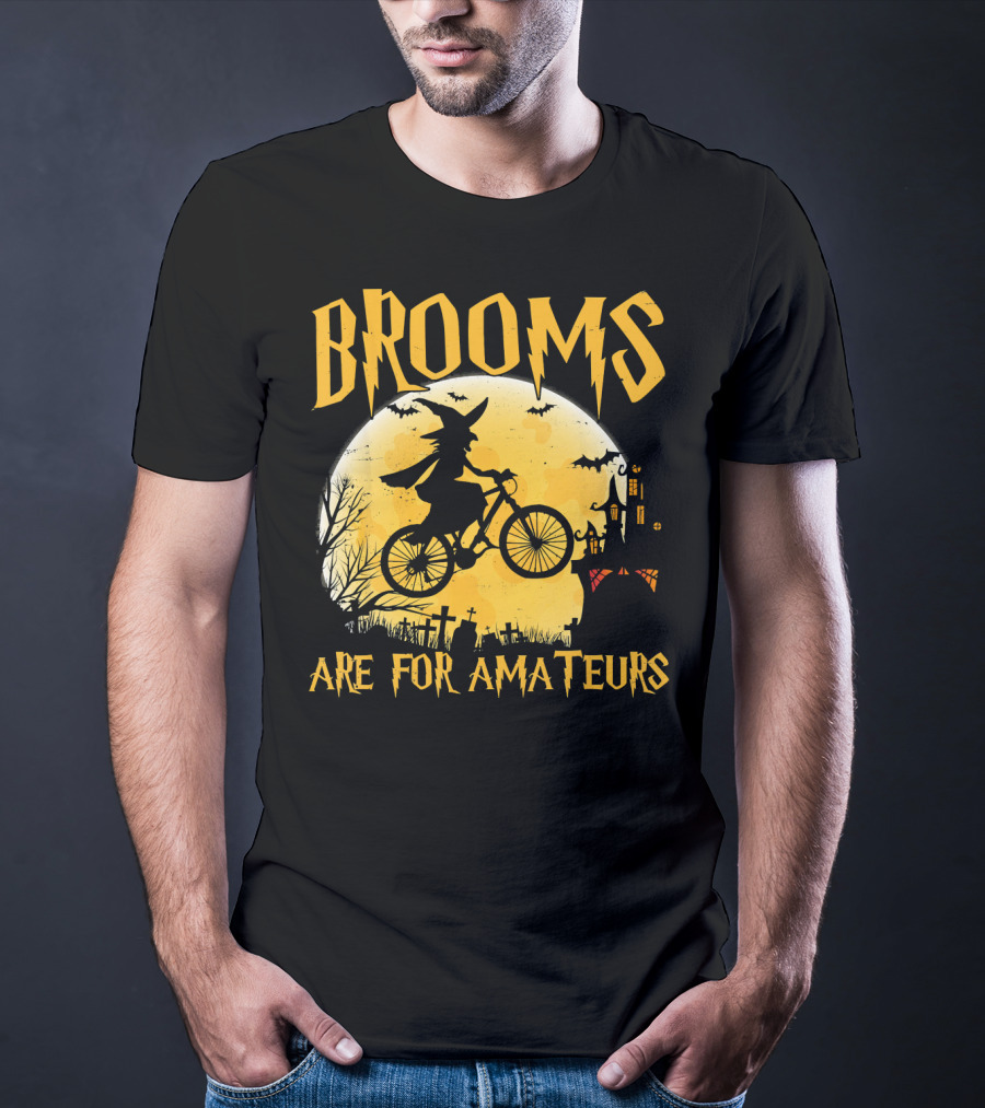 Brooms Are For Amateurs Witch Flying Bike Silhouette Halloween Moon Graveyard T-Shirt