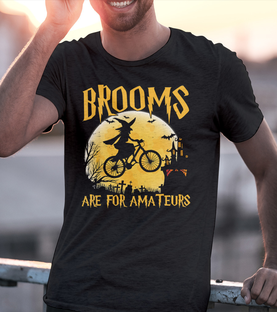 Brooms Are For Amateurs Witch Flying Bike Silhouette Halloween Moon Graveyard T-Shirt