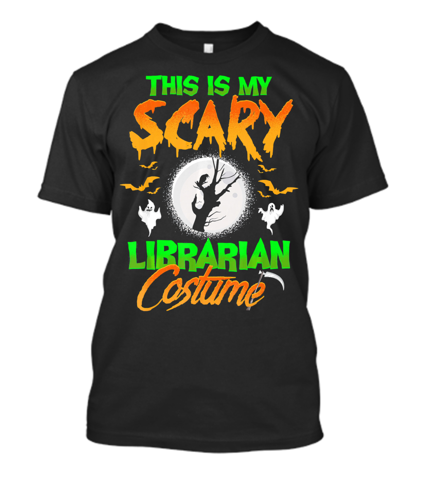 This Is My Scary Librarian Costume Ghosts Bats Moon Grim Reaper Scythe T-Shirt