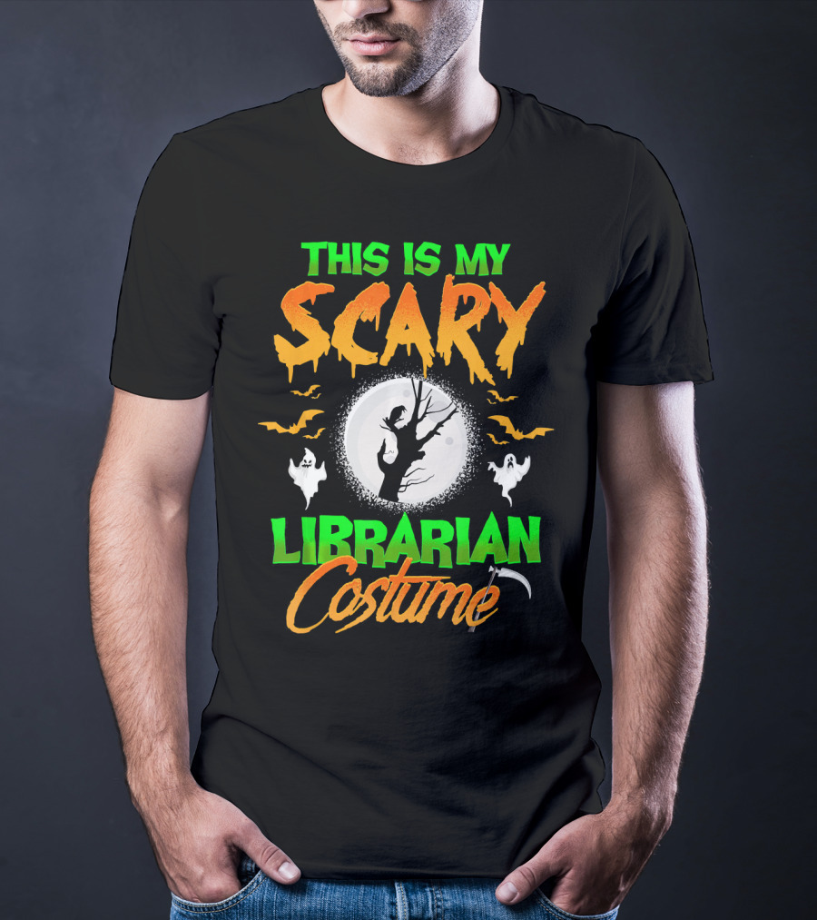 This Is My Scary Librarian Costume Ghosts Bats Moon Grim Reaper Scythe T-Shirt