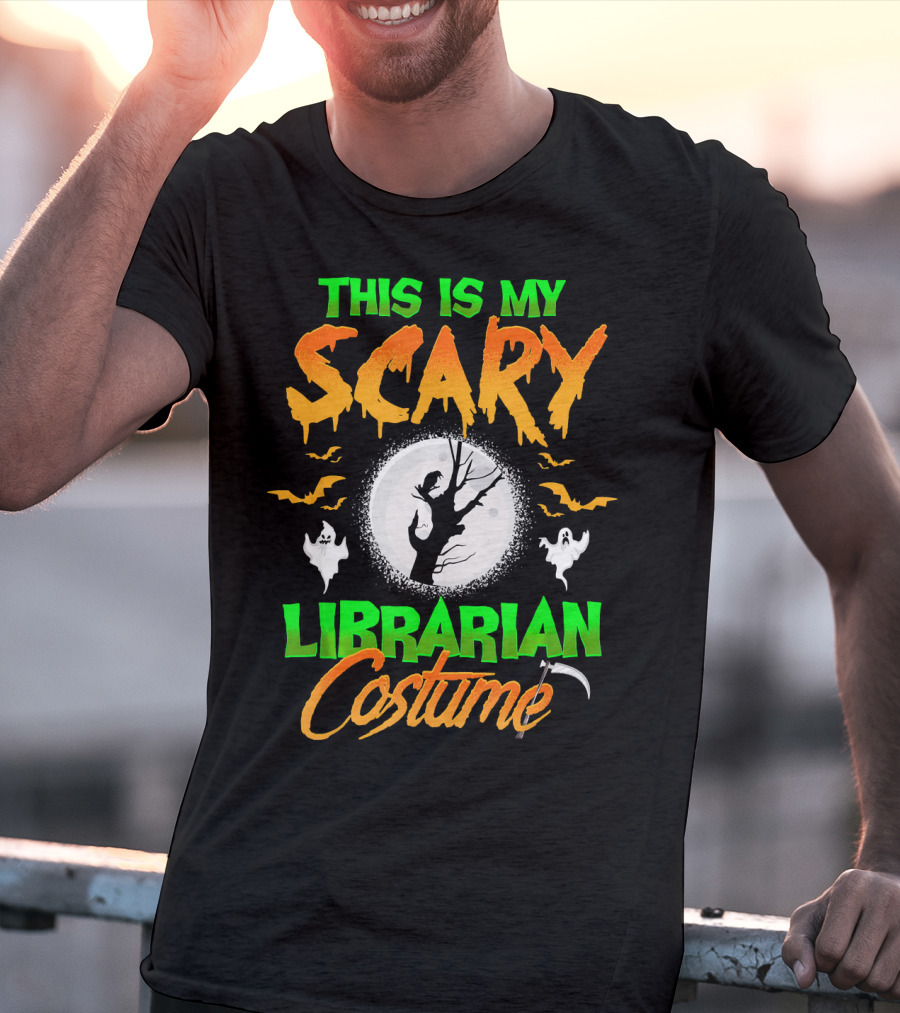 This Is My Scary Librarian Costume Ghosts Bats Moon Grim Reaper Scythe T-Shirt