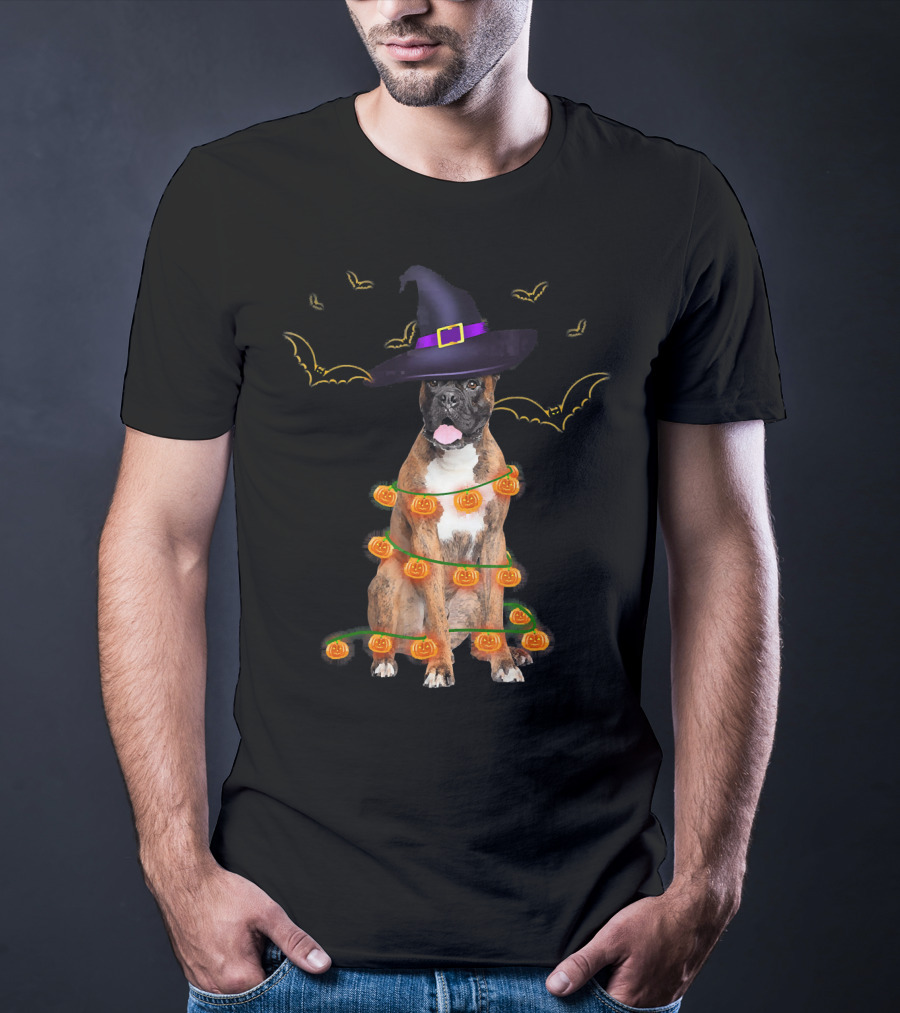 Halloween Boxer Dog Pumpkin Lights Witch Hat Fun T-Shirt