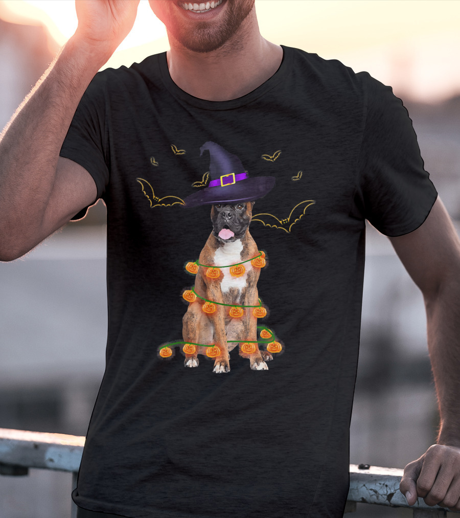Halloween Boxer Dog Pumpkin Lights Witch Hat Fun T-Shirt