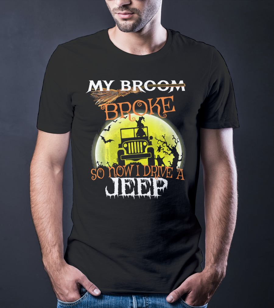 My Broom Broke So Now I Drive A Jeep Halloween Moon Bats T-Shirt