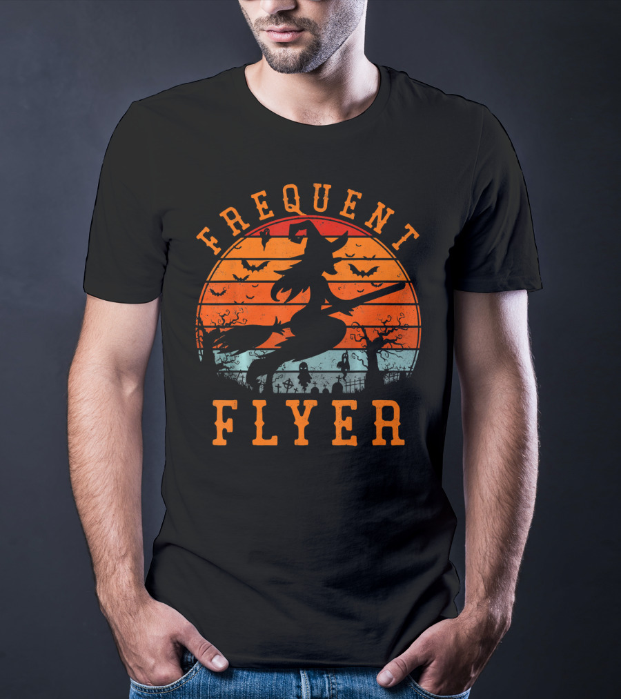 Frequent Flyer Witch Silhouette Halloween Bats And Graveyard Scene T-Shirt