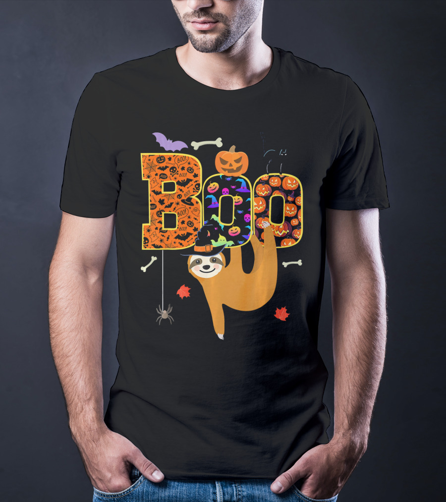 Boo Halloween Sloth With Witch Hat Pumpkins And Spider T-Shirt