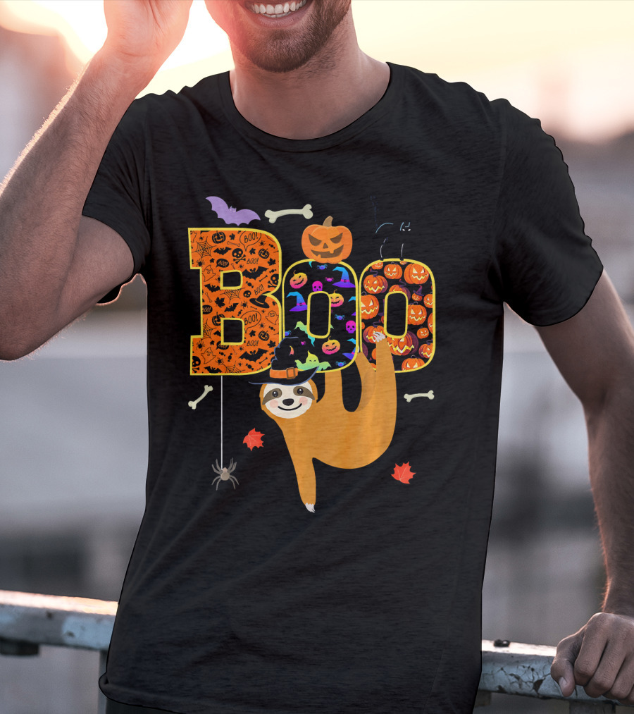 Boo Halloween Sloth With Witch Hat Pumpkins And Spider T-Shirt