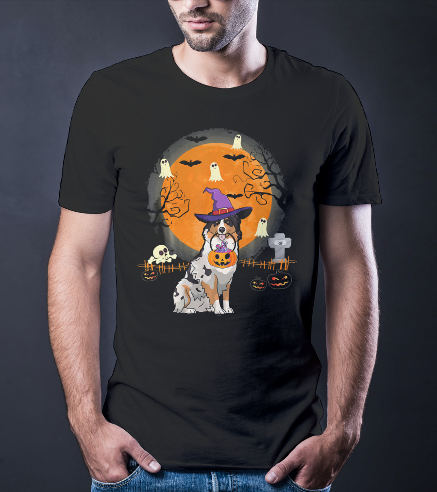 Australian Shepherd Dog Halloween Witch Pumpkin And Ghosts T-Shirt